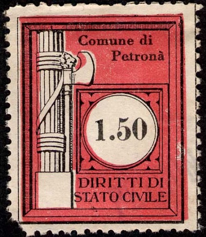 Marca da Bollo del Comune di PETRONA´ su Carta Bianca di dimensioni 24 x 30 mm