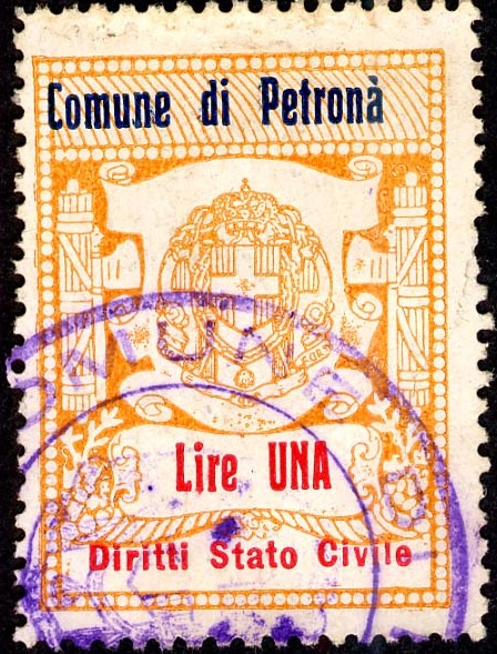 Marca da Bollo del Comune di PETRONA´ su Carta Bianca Sottile di dimensioni 22 X 33 mm
