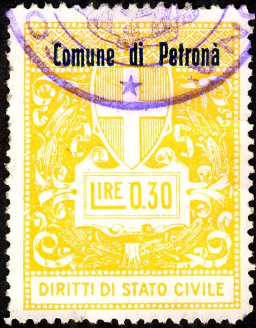 Marca da Bollo del Comune di PETRONA´ su Carta Bianca di dimensioni 27 X 36 mm