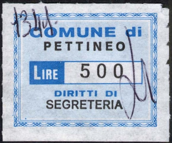 Marca da Bollo del Comune di PETTINEO su Carta Bianca di dimensioni 25,5 x 22,5 mm