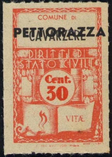 Marca da Bollo del Comune di PETTORAZZA GRIMANI su Carta Bianca di dimensioni 21,5 x 32 mm