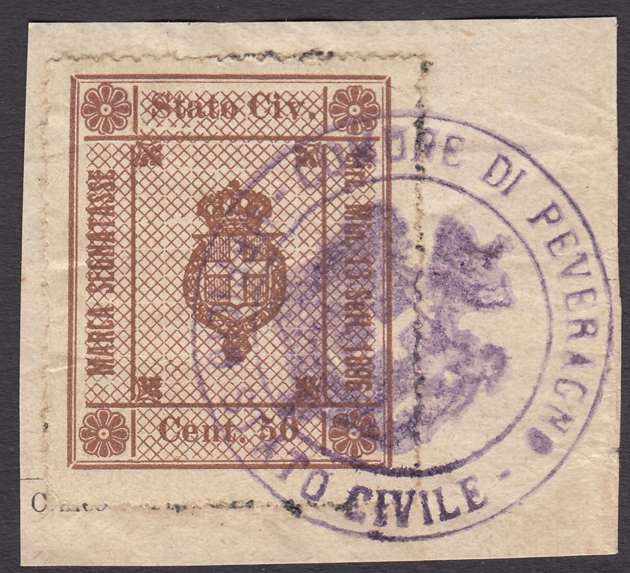 Marca da Bollo del Comune di PEVERAGNO su Carta Bianca di dimensioni 28 x 33 mm