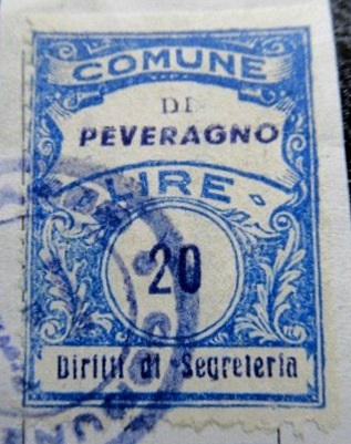Marca da Bollo del Comune di PEVERAGNO su Carta Bianca di dimensioni 23 X 30 mm
