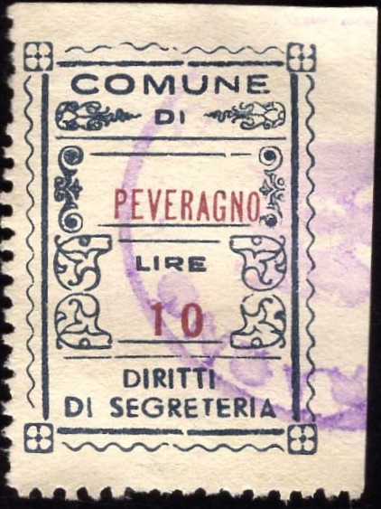 Marca da Bollo del Comune di PEVERAGNO su Carta Bianca di dimensioni 23 X 33 mm