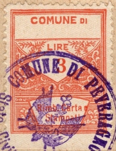 Marca da Bollo del Comune di PEVERAGNO su Carta Bianca di dimensioni 23 X 33 mm