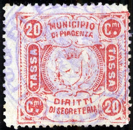 Marca da Bollo del Comune di PIACENZA su Carta Bianca di dimensioni 28 x 28 mm