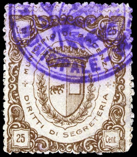 Marca da Bollo del Comune di PIACENZA su Carta Bianca Sottile di dimensioni 23 x 29 mm