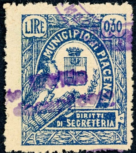 Marca da Bollo del Comune di PIACENZA su Carta Bianca di dimensioni 26,5 x 32,5 mm