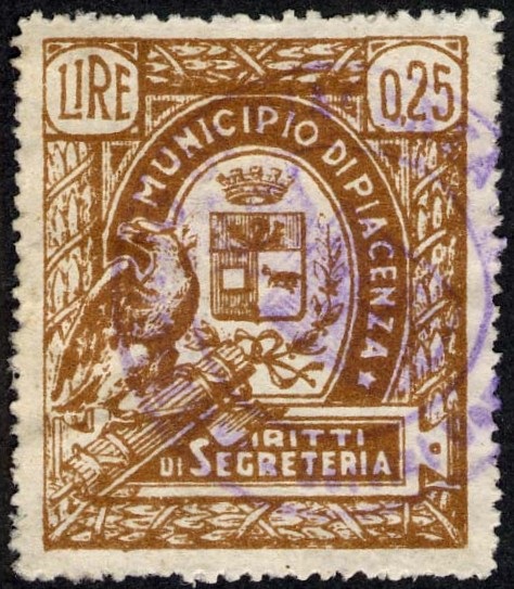 Marca da Bollo del Comune di PIACENZA su Carta Bianca di dimensioni 25,5 x 31,5 mm