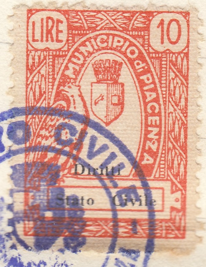 Marca da Bollo del Comune di PIACENZA su Carta Bianca di dimensioni 20 x 28,5 mm
