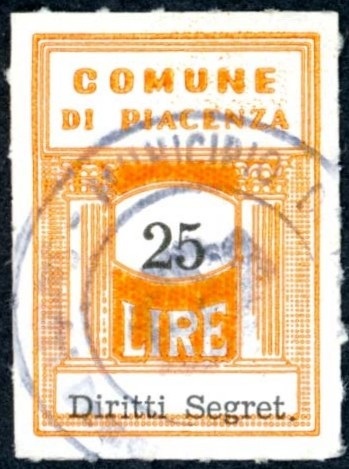 Marca da Bollo del Comune di PIACENZA su Carta Bianca di dimensioni 20 x 28 mm