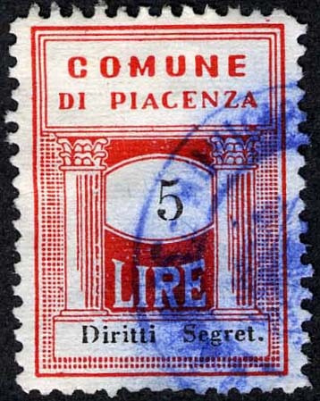 Marca da Bollo del Comune di PIACENZA su Carta Bianca di dimensioni 20 x 28 mm