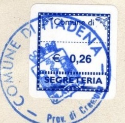 Marca da Bollo del Comune di PIADENA su Carta Bianca di dimensioni 20 x 20 mm