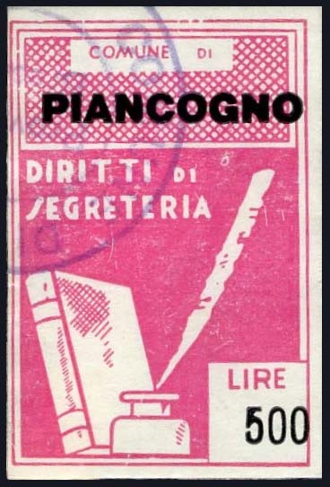 Marca da Bollo del Comune di PIANCOGNO su Carta Bianca di dimensioni 22 X 33 mm