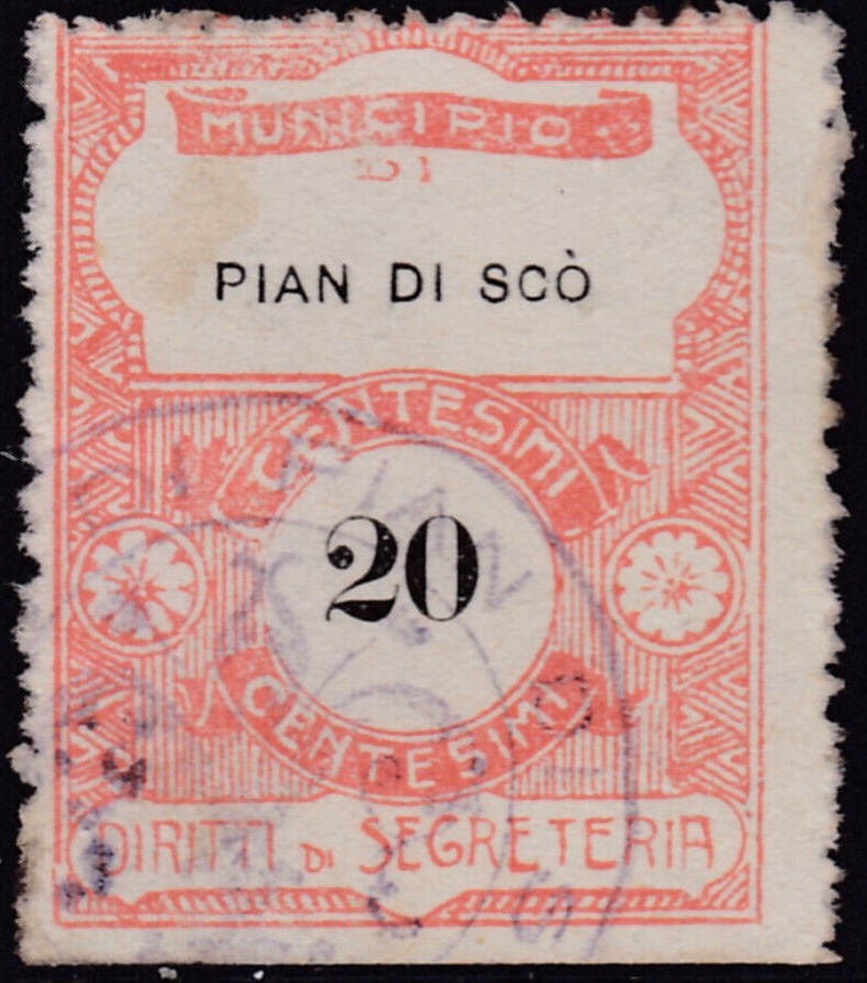 Marca da Bollo del Comune di PIAN DI SCO su Carta Bianca Sottile di dimensioni 21 X 27 mm