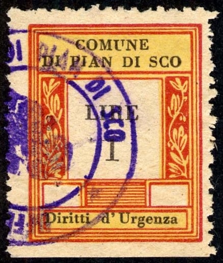 Marca da Bollo del Comune di PIAN DI SCO su Carta Bianca Sottile di dimensioni 23 x 29,5 mm