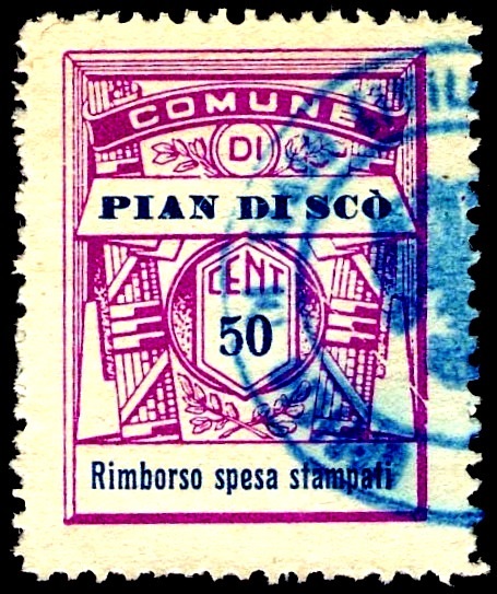 Marca da Bollo del Comune di PIAN DI SCO su Carta Bianca Sottile di dimensioni 22 x 28,5 mm