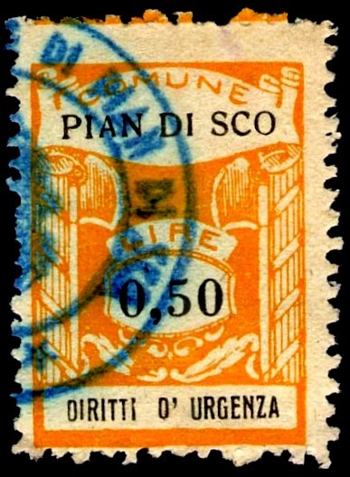 Marca da Bollo del Comune di PIAN DI SCO su Carta Bianca Sottile di dimensioni 20 x 28,5 mm