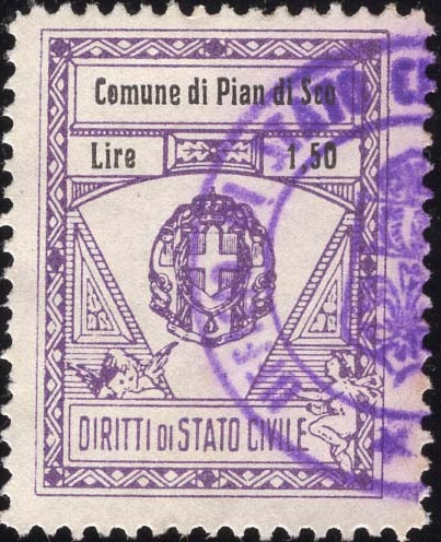 Marca da Bollo del Comune di PIAN DI SCO su Carta Bianca Sottile di dimensioni 22 x 28 mm