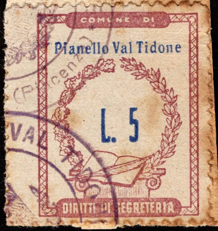 Marca da Bollo del Comune di PIANELLO VAL TIDONE su Carta Bianca di dimensioni 22 x 28 mm