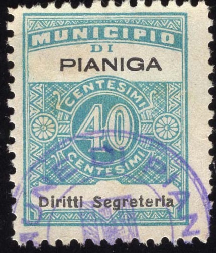 Marca da Bollo del Comune di PIANIGA su Carta Bianca di dimensioni 21 x 29 mm