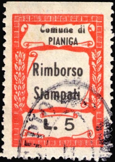 Marca da Bollo del Comune di PIANIGA su Carta Bianca Sottile di dimensioni 20,5 x 29,5 mm