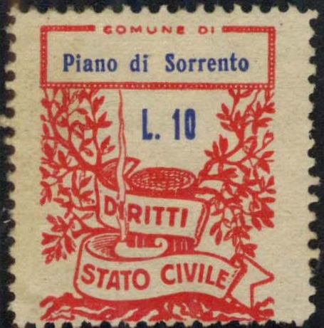 Marca da Bollo del Comune di PIANO DI SORRENTO su Carta Bianca Sottile di dimensioni 22 x 27 mm