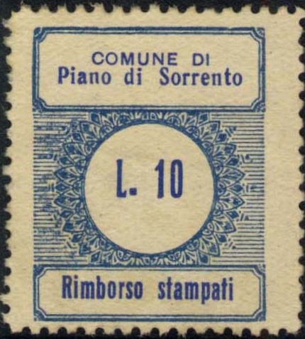 Marca da Bollo del Comune di PIANO DI SORRENTO su Carta Bianca Sottile di dimensioni 23 x 29 mm