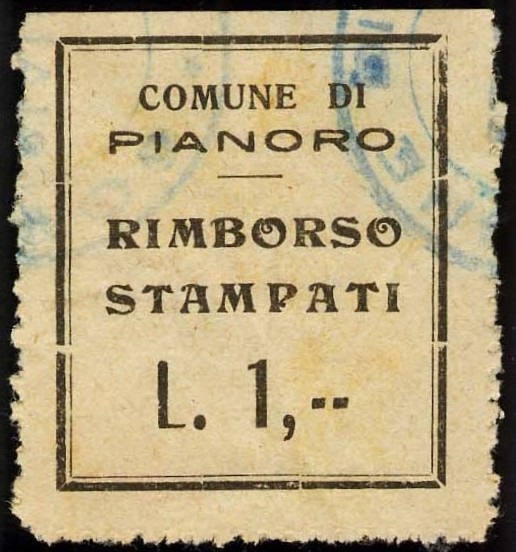 Marca da Bollo del Comune di PIANORO su Carta Colorata di dimensioni 20 x 22 mm