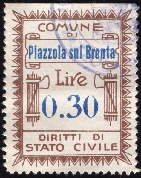 Marca da Bollo del Comune di PIAZZOLA SUL BRENTA su Carta Bianca di dimensioni 22,5 x 29 mm
