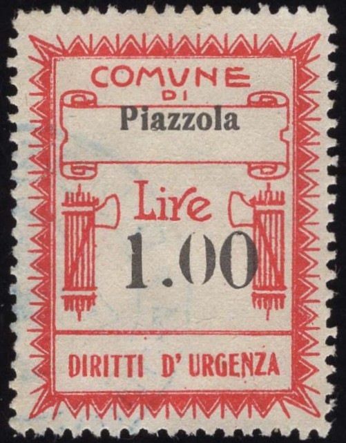 Marca da Bollo del Comune di PIAZZOLA SUL BRENTA su Carta Bianca di dimensioni 22,5 x 29 mm