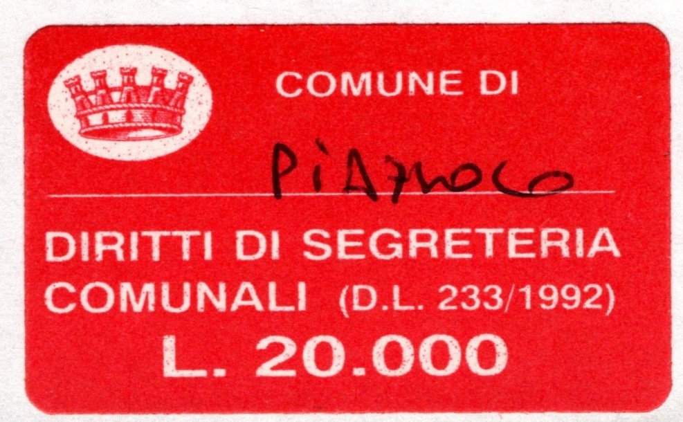 Marca da Bollo del Comune di PIAZZOLO su Carta Colorata di dimensioni 22 x 15 mm