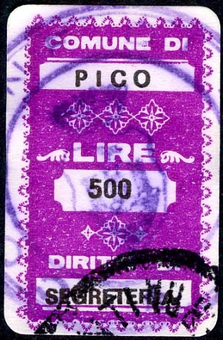 Marca da Bollo del Comune di PICO su Carta Bianca di dimensioni 20 x 32 mm