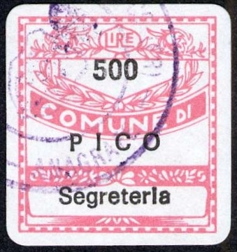 Marca da Bollo del Comune di PICO su Carta Bianca di dimensioni 19 x 21 mm