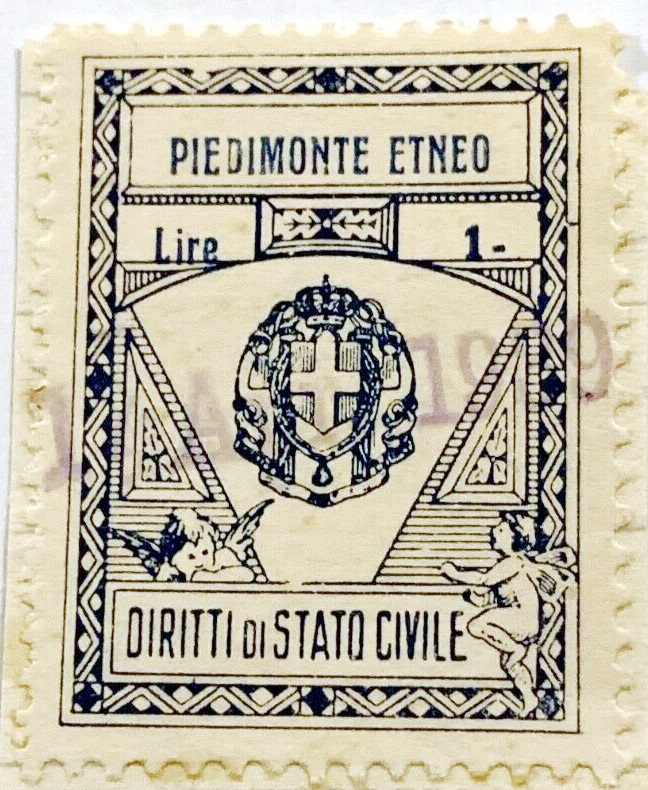 Marca da Bollo del Comune di PIEDIMONTE ETNEO su Carta Bianca di dimensioni 21,5 x 29 mm
