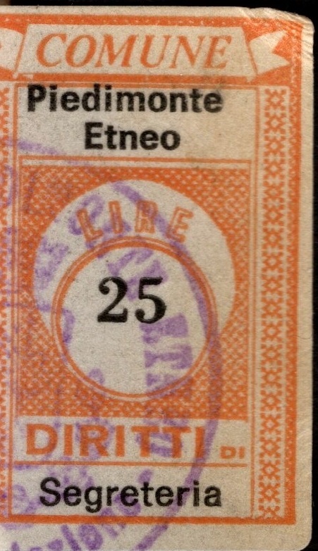 Marca da Bollo del Comune di PIEDIMONTE ETNEO su Carta Bianca di dimensioni 19 x 30 mm