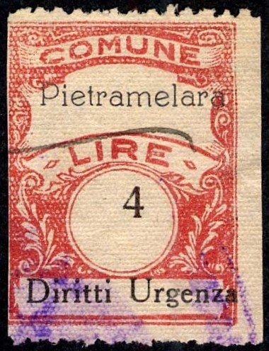 Marca da Bollo del Comune di PIETRAMELARA su Carta Bianca di dimensioni 22,5 x 29 mm