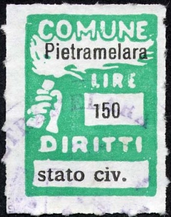 Marca da Bollo del Comune di PIETRAMELARA su Carta Bianca di dimensioni 18,5 x 26 mm