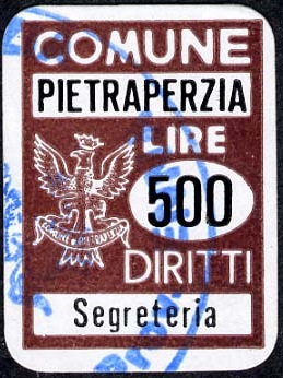 Marca da Bollo del Comune di PIETRAPERZIA su Carta Bianca di dimensioni 15,5 x 21 mm