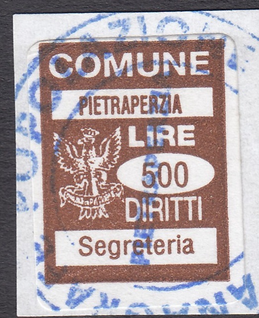 Marca da Bollo del Comune di PIETRAPERZIA su Carta Bianca di dimensioni 16 x 20,5 mm