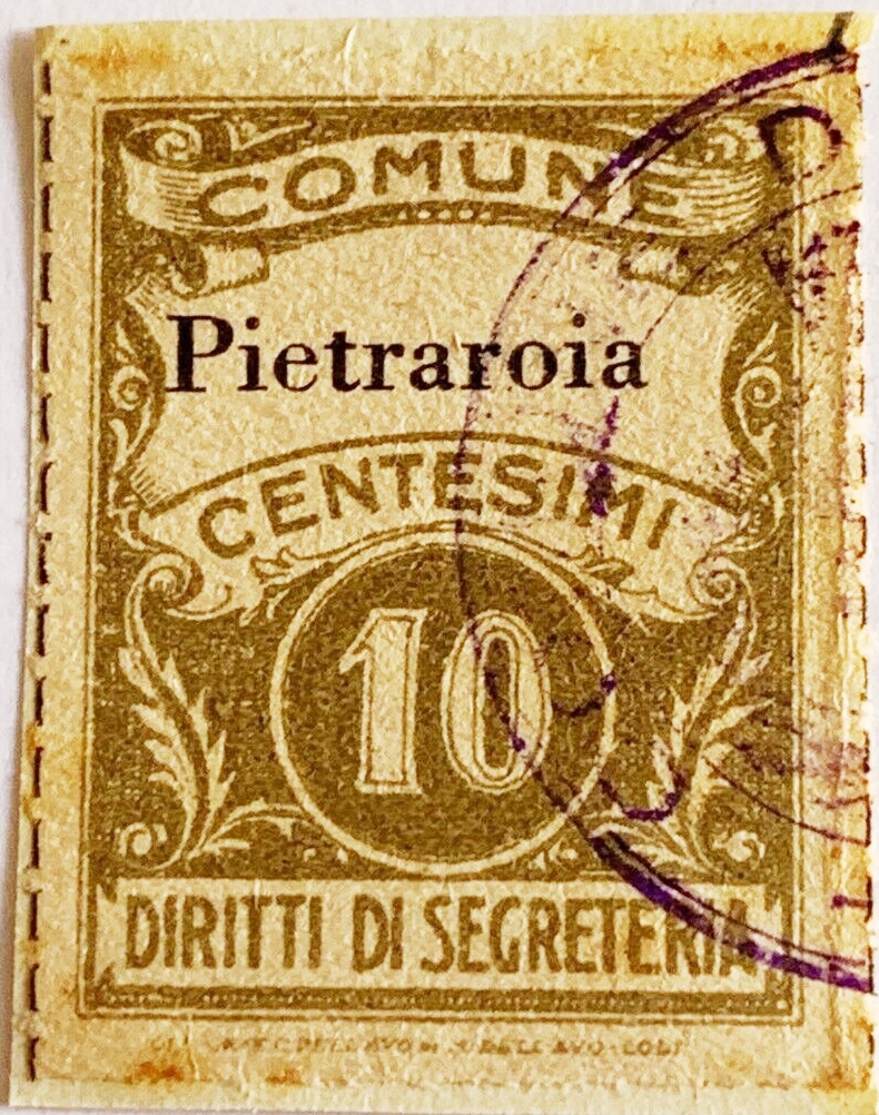 Marca da Bollo del Comune di PIETRAROJA su Carta Bianca di dimensioni 21 X 32 mm