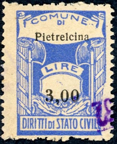 Marca da Bollo del Comune di PIETRELCINA su Carta Bianca di dimensioni 20 x 28,5 mm