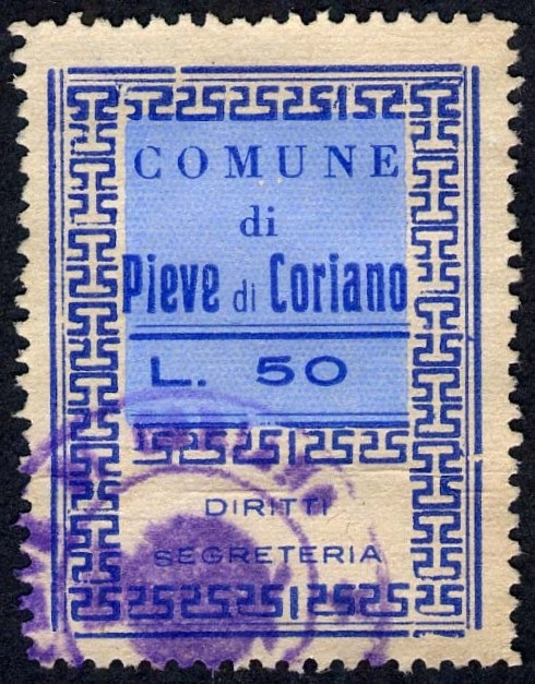 Marca da Bollo del Comune di PIEVE DI CORIANO su Carta Bianca di dimensioni 26 x 35,5 mm