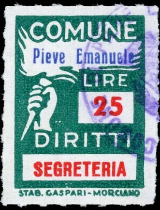 Marca da Bollo del Comune di PIEVE EMANUELE su Carta Bianca Sottile di dimensioni 18,5 x 26 mm