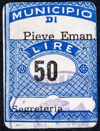 Marca da Bollo del Comune di PIEVE EMANUELE su Carta Bianca di dimensioni 22 x 29 mm
