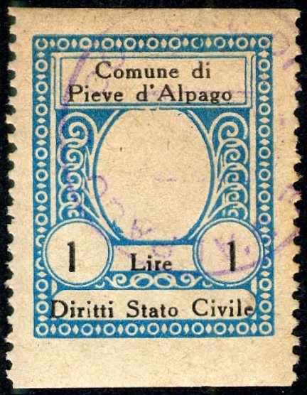 Marca da Bollo del Comune di PIEVE D´ALPAGO su Carta Bianca di dimensioni 23,5 X 30,5 mm