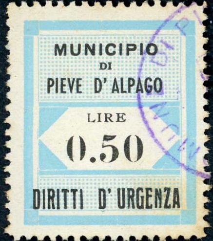Marca da Bollo del Comune di PIEVE D´ALPAGO su Carta Bianca di dimensioni 24,5 x 29 mm