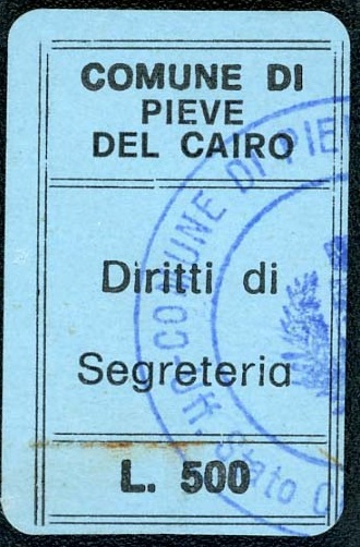 Marca da Bollo del Comune di PIEVE DEL CAIRO su Carta Colorata di dimensioni 20 x 29 mm