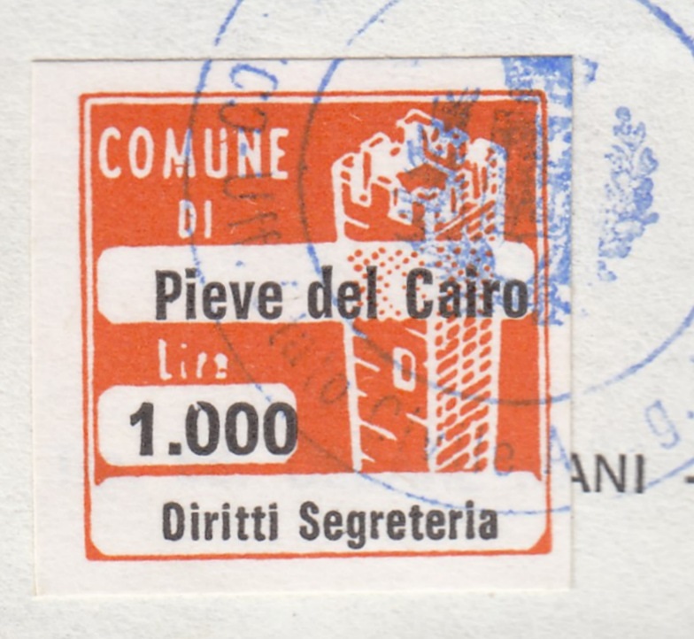 Marca da Bollo del Comune di PIEVE DEL CAIRO su Carta Colorata di dimensioni 20 x 20 mm