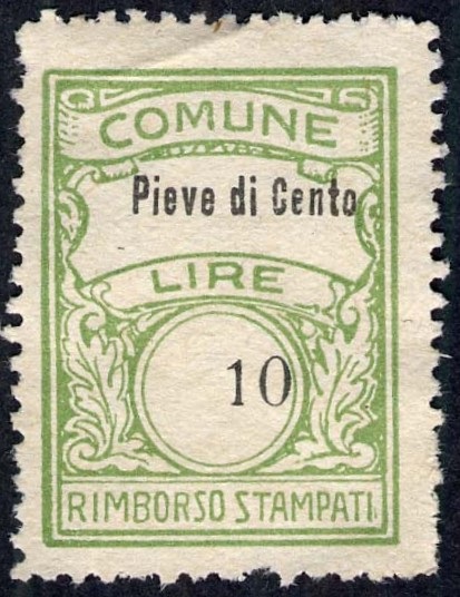 Marca da Bollo del Comune di PIEVE DI CENTO su Carta Bianca di dimensioni 21 x 28,5 mm